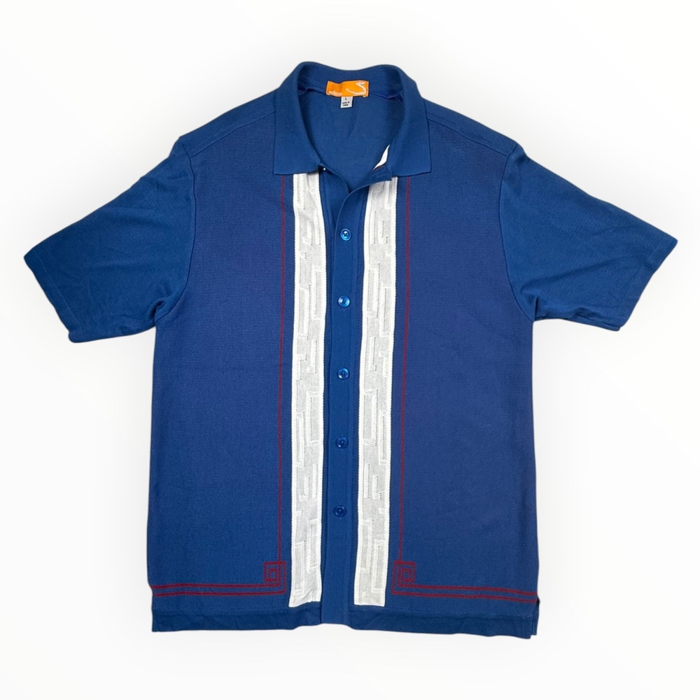 Edition S Bowling Shirt Mens Large Blue Excellent Y2K Retro Knit Rayon Button Up